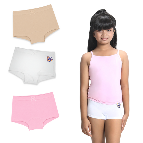 3 Pack Girls Bamboo BoyShorts - Pink|Beige|White