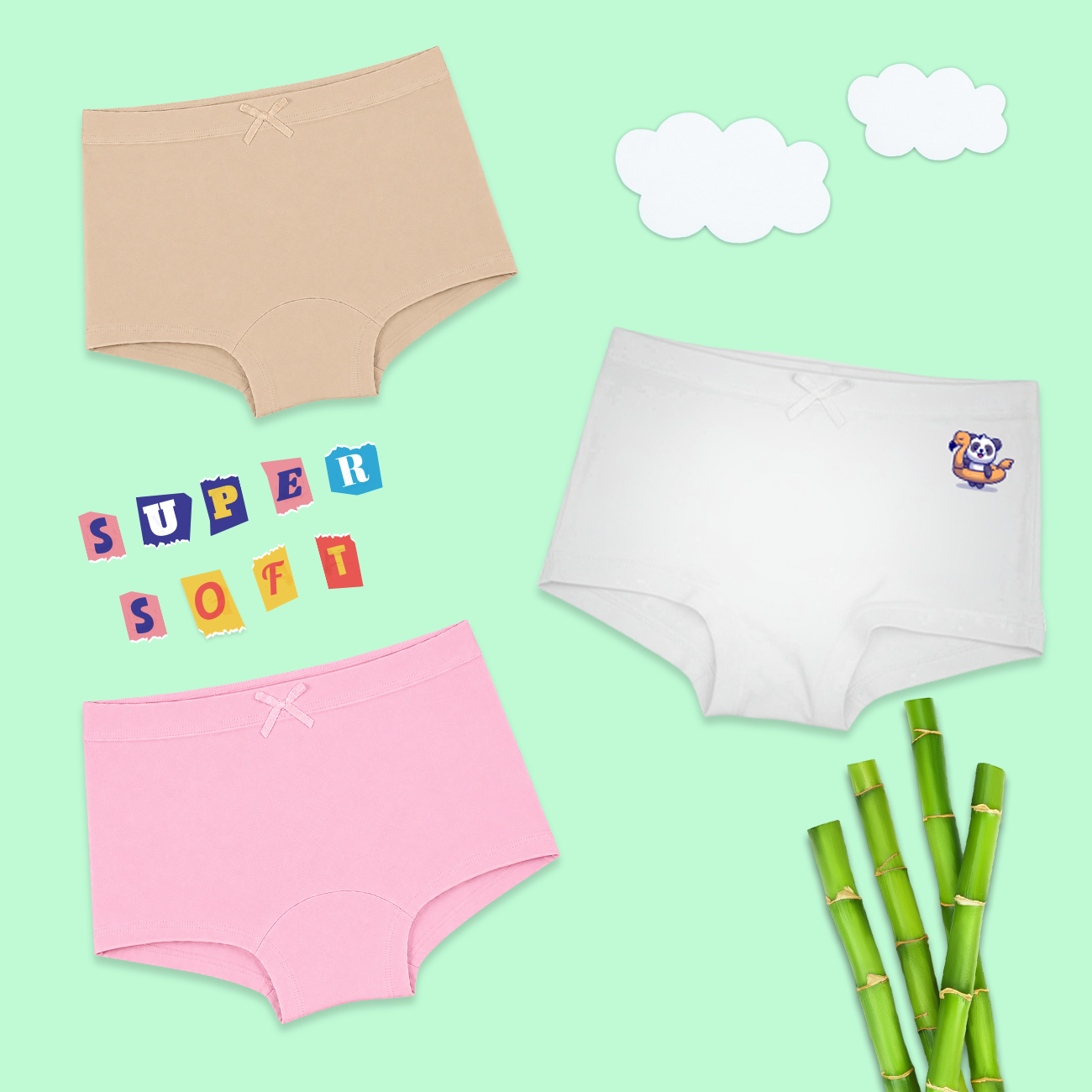 3 Pack Girls Bamboo BoyShorts - Pink|Beige|White
